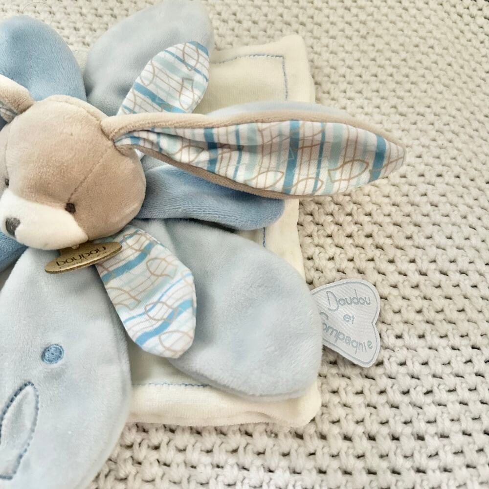 Doudou et Compagnie Blue Bunny Flower Petal Celestin Baby Lovey Security Blanket - Picture 6 of 10